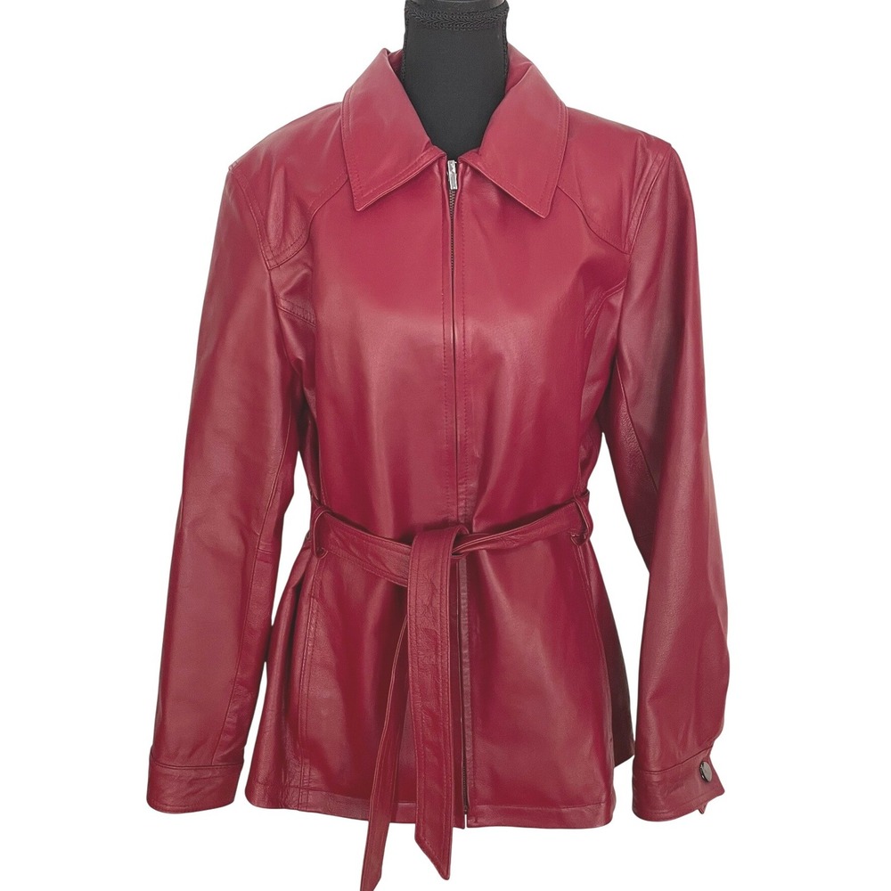 East 5th Leather Jacket Womens Large Red Pigskin Belted Safari Vintage Classic
